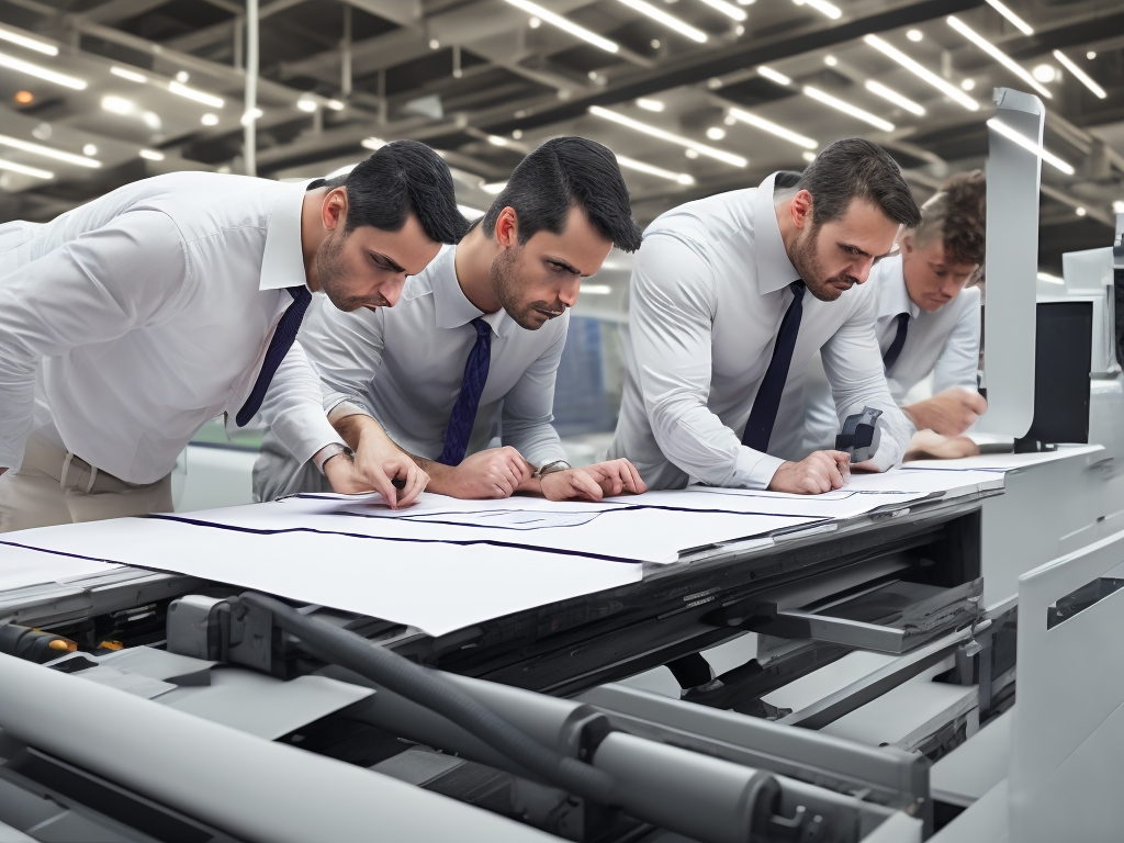 Local direct mail marketing and commercial printing team at work, authentic workplace scene with professional printing industry atmosphere