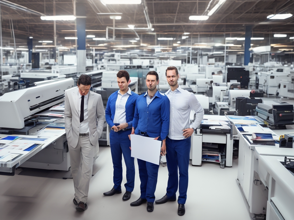 Professional commercial printing team at work, printing business professionals in modern facility, friendly expert printers reviewing printed materials