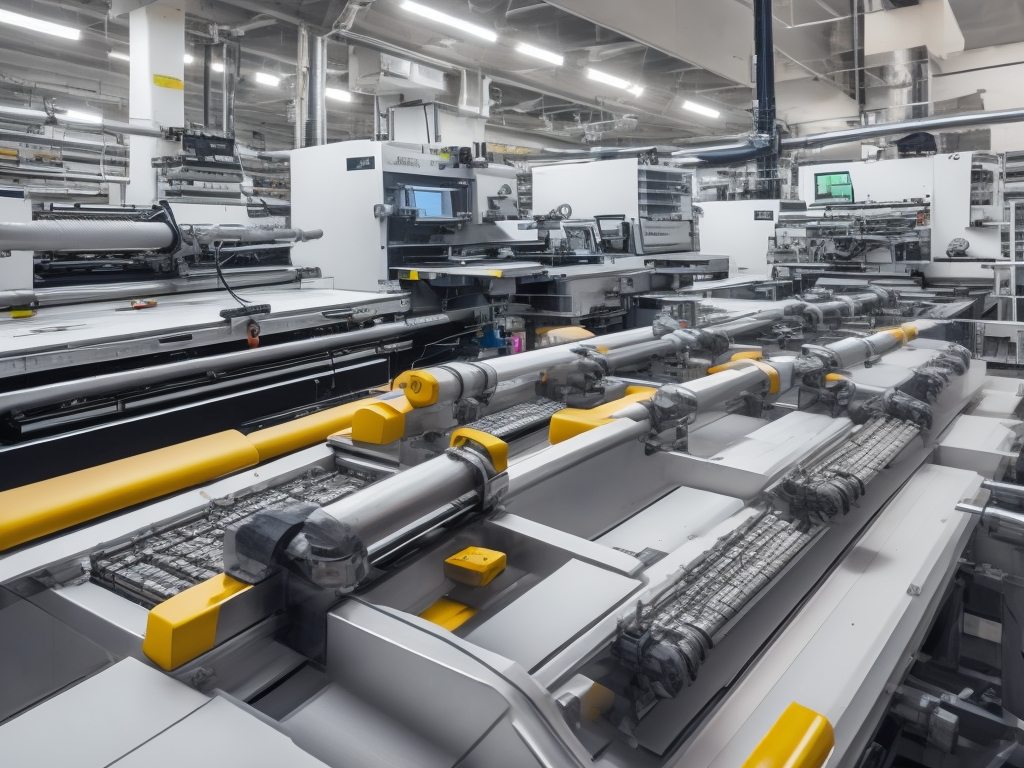 Professional commercial printing facility with modern offset printing press in action, bright clean industrial workspace