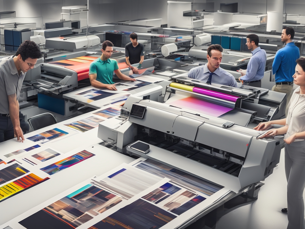 Commercial printing equipment and technology with high-quality printed brochures and marketing materials, professional team examining color proofs