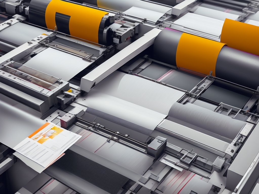 Expert commercial printing services workspace with modern print production facility, detailed printing samples with vibrant colors