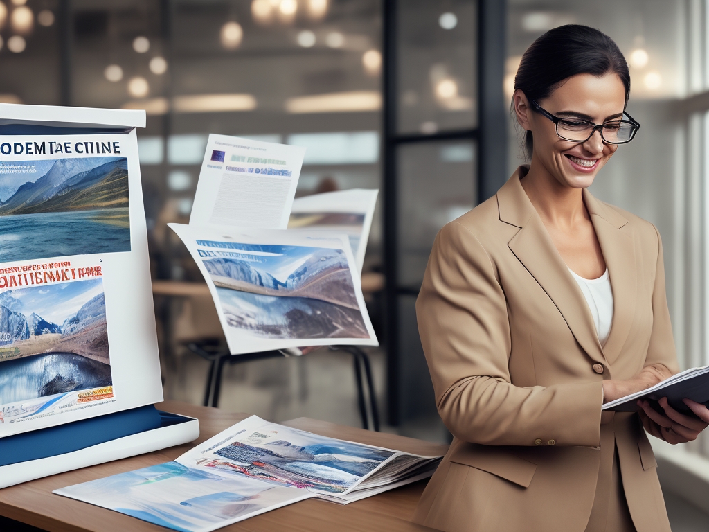 Satisfied business client reviewing high-quality printed materials, genuine happy expression impressed by trusted printing company quality